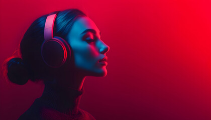 Fashion pretty woman with headphones listening to music over red neon background at studio.  