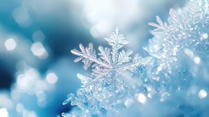 Close-up of a delicate snowflake resting on soft snow, showcasing intricate patterns and shimmering ice crystals in a winter landscape.