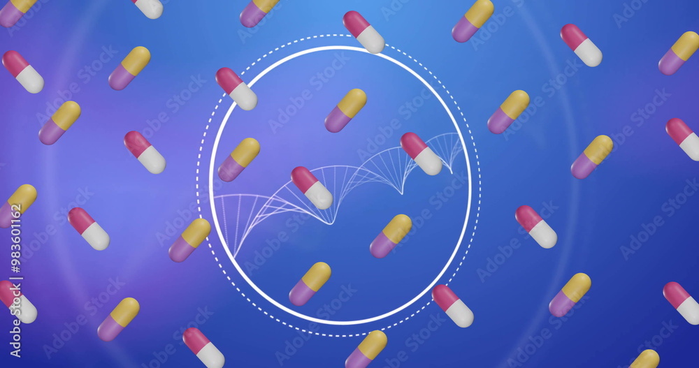 Sticker Image of pills medication over dna strand spinning