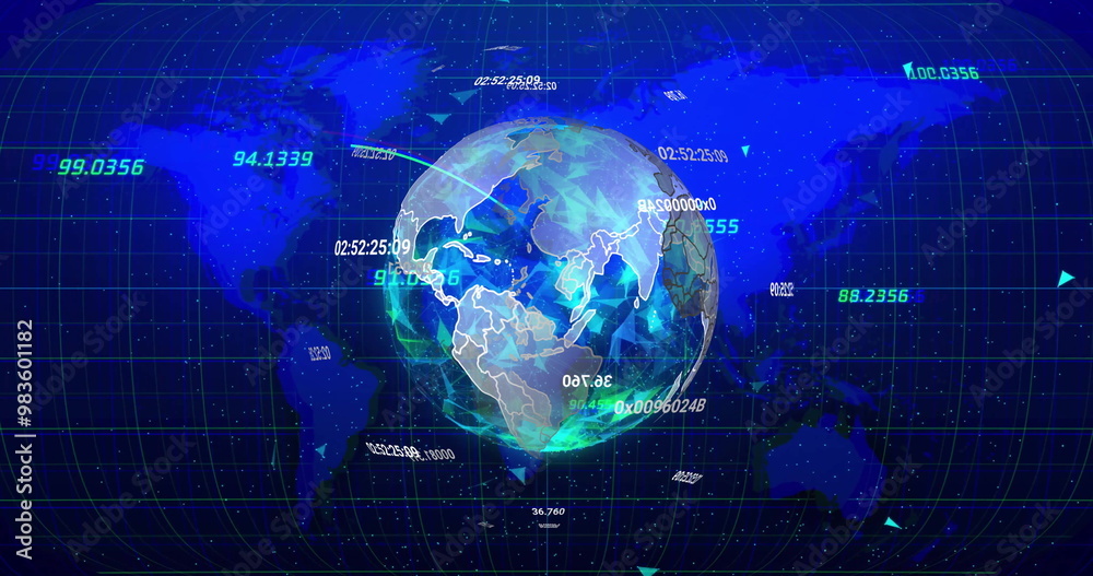 Poster image of data processing over globe and world map on black background