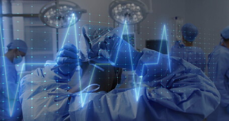 Obraz premium Medical professionals performing surgery with heartbeat image over grid background