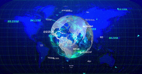 Image of data processing over globe and world map on black background