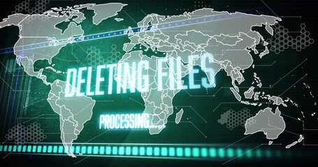 Image of data processing and network of connections over world map on black background