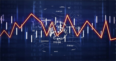 Naklejka premium Image of data processing and network of connections over globe on black background