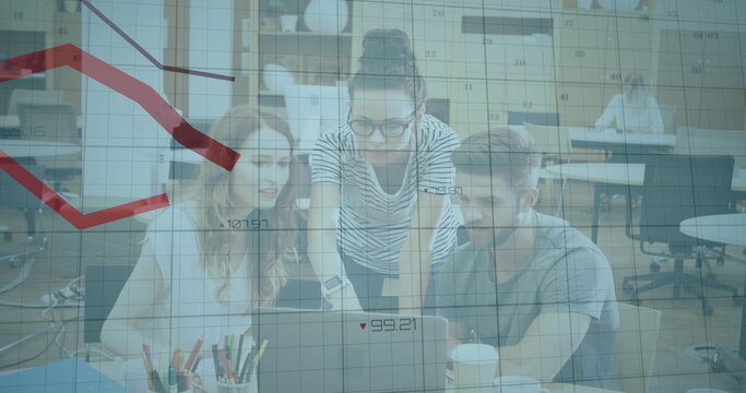 Red downward trend graph image over business team collaborating in office