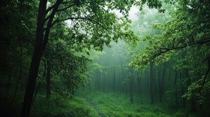 Obraz premium Misty forest pathway with lush green foliage creating a serene and tranquil atmosphere, perfect for nature lovers and explorers.