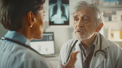 Obraz premium Radiology consultation female doctor discusses chest x ray with senior male patient in clinic
