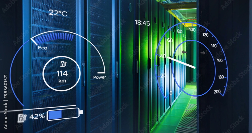 Poster image of speedometer and data processing over server room