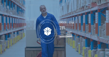 Image of digital data processing over caucasian man working in warehouse
