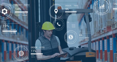 Image of digital data processing over caucasian man working in warehouse
