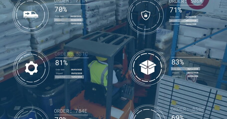 Image of digital data processing over biracial man in forklift working in warehouse