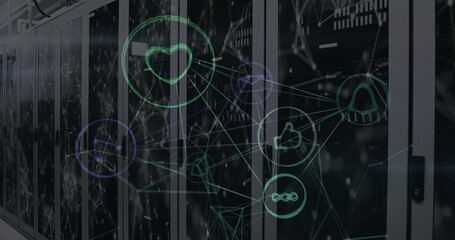 Image of digital icons and data processing over computer servers