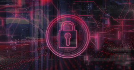 Image of padlock icon and data processing over computer servers