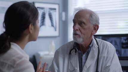 Obraz premium Doctor consults senior male patient about chest x ray in a professional radiology setting