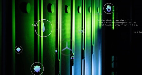 Image of ecology icons and data processing over server room