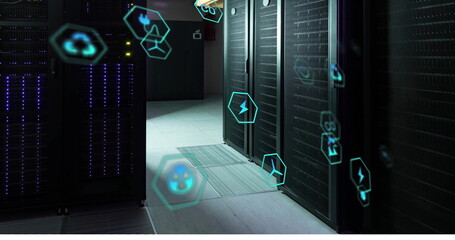 Image of ecology icons over server room