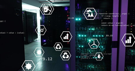 Image of ecology icons and data processing over server room