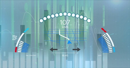Image of speedometer and data processing over server room