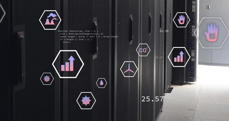 Image of ecology icons and data processing over server room