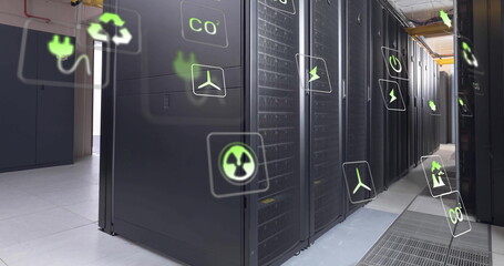 Image of eco icons and data processing over computer servers