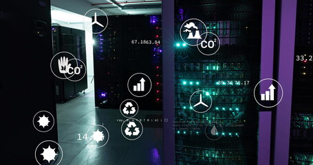 Image of ecology icons and data processing over server room