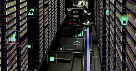 Image of ecology icons and data processing over server room