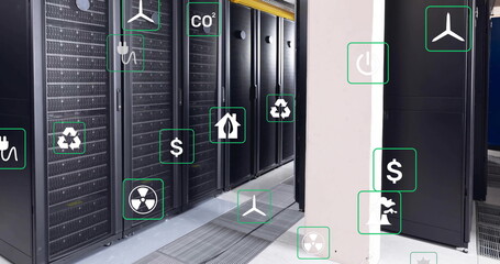 Image of ecology icons over server room