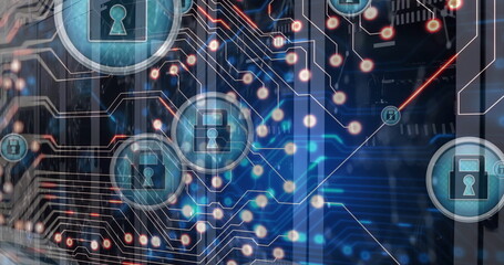 Image of padlock icons and data processing over computer servers