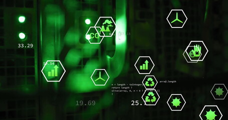 Image of ecology icons and data processing over server room