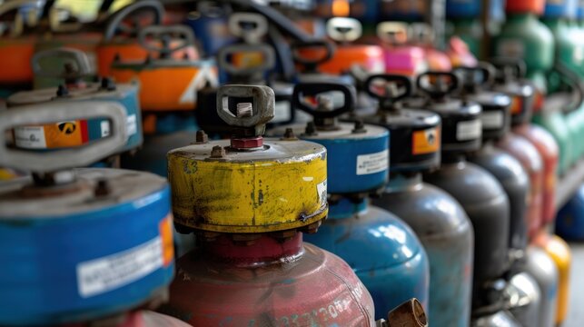 Close-up View of Colorful Gas Cylinders