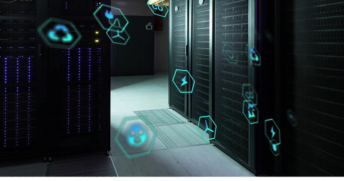 Image of ecology icons over server room