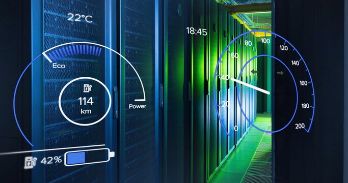 Image of speedometer and data processing over server room