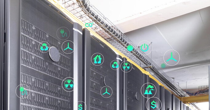 Image of ecology icons over server room
