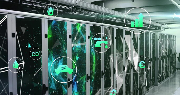 Image of ecology icons and network of connections over server room