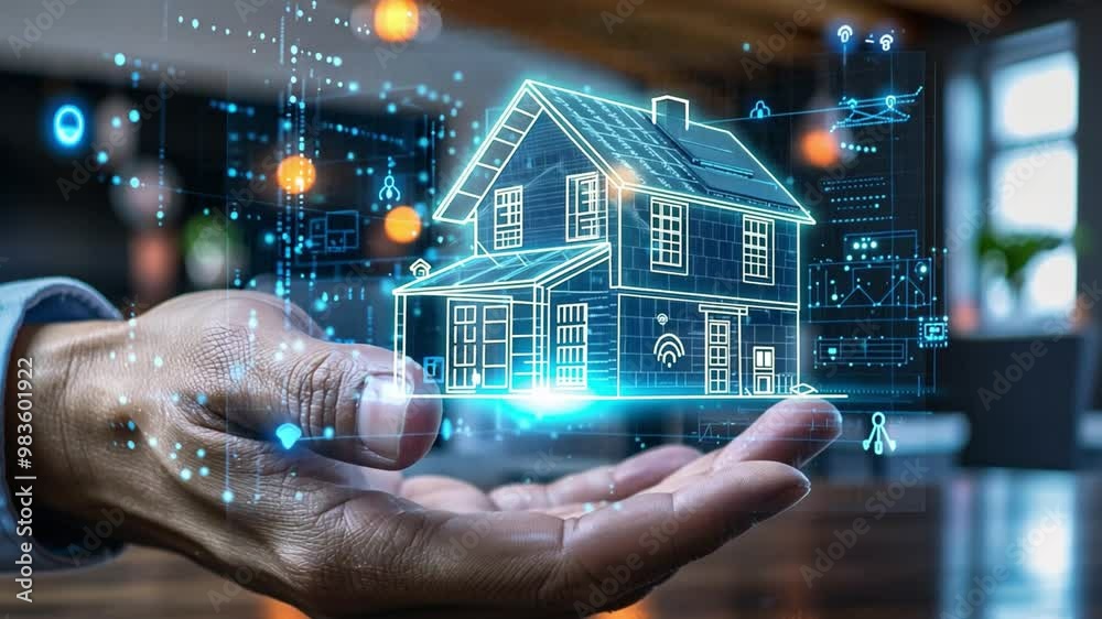 Leinwandbilder a hand showcases a holographic representation of a smart home, highlighting advanced technology inte