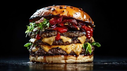 A delicious, towering burger loaded with juicy patties, melted cheese, fresh toppings, and vibrant sauces, perfect for food lovers.