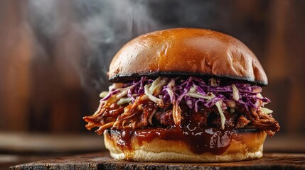 Delicious smoky pulled pork sandwich topped with fresh coleslaw, served on a toasted bun, perfect for BBQ lovers.
