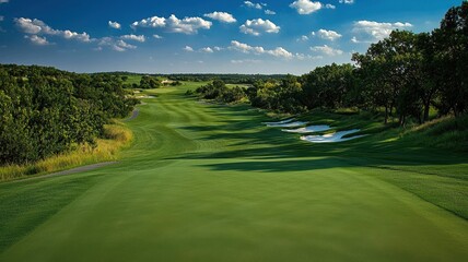 Naklejka premium A scenic view of a lush golf course under a vibrant sky, perfect for capturing the beauty of outdoor sports and recreation.