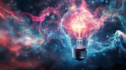 Abstract Light Bulb with Glowing Energy and Nebula Background