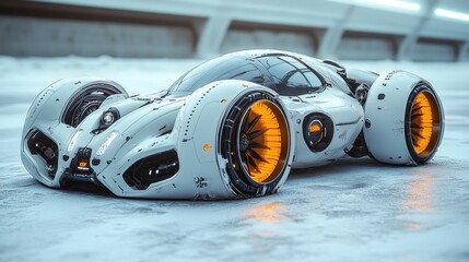 Futuristic vehicle with sleek design and oversized wheels.