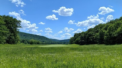 Obraz premium A tranquil landscape featuring lush green grass, rolling hills, and a beautiful blue sky dotted with fluffy white clouds.