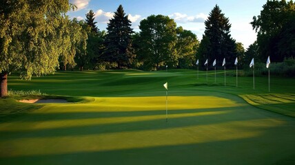 Scenic view of a serene golf course at sunset, featuring lush green grass and multiple flags marking the putting greens.