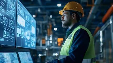 Industrial Worker Monitoring Data On Large Screens In Factory