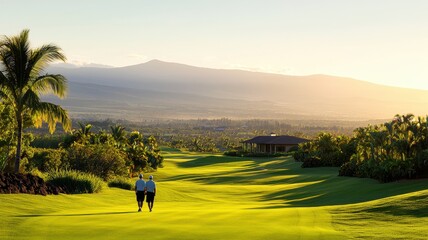 Two golfers stroll on a scenic course at sunset, surrounded by lush greenery and rolling hills, embodying relaxation and leisure.