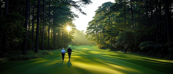 Two golfers walking down a serene course at sunrise, surrounded by tall trees and lush greenery, creating a peaceful atmosphere.