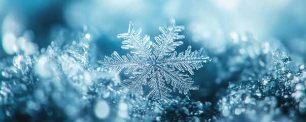 A stunning close-up of a snowflake resting on shimmering ice, capturing the beauty of winter and its delicate details.