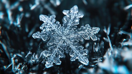 A stunning close-up of an intricate snowflake resting on crystal-like surface, showcasing nature's delicate winter beauty.