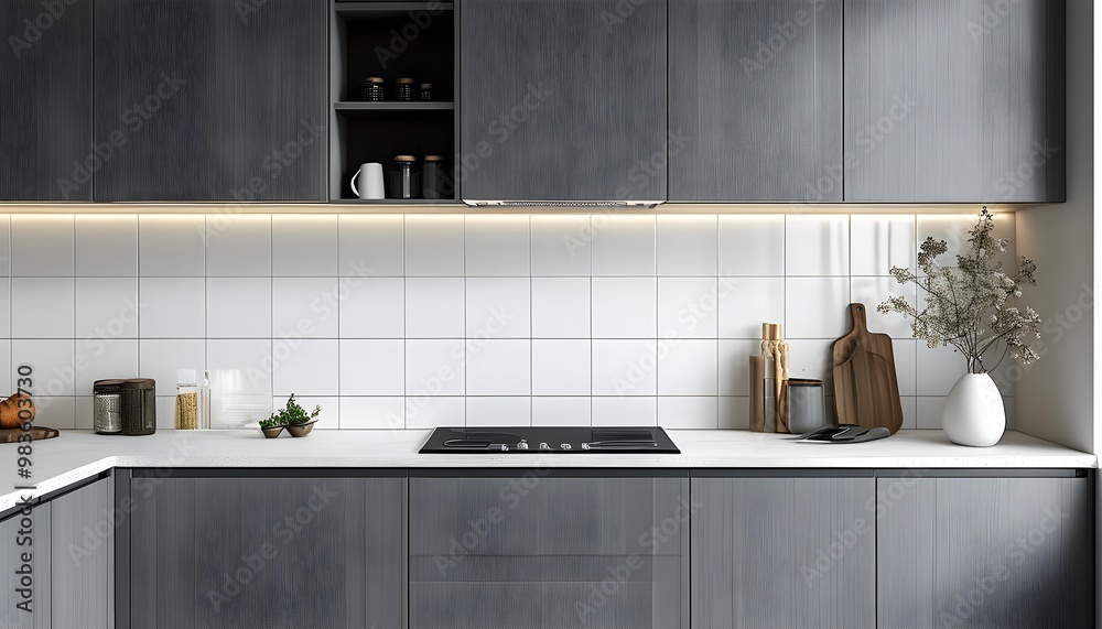 Canvas Prints contemporary kitchen countertop featuring a sleek grey cabinet design, ideal for showcasing househol