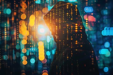 Hooded hacker in front of a binary code background. Hacking concept.
