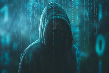 Hooded hacker in front of a binary code background. Hacking concept.